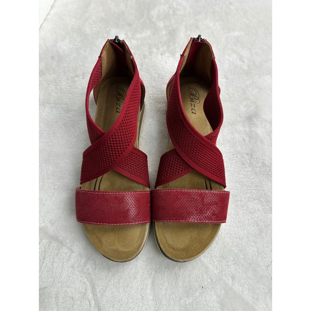 Biza Bree Red Leather Elastic Cross‎ Strap Wedge Sandals Womens 40 Zip Back